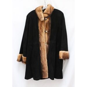 Harmanli genuine mink fur coat classic style black brown trim suede leather M